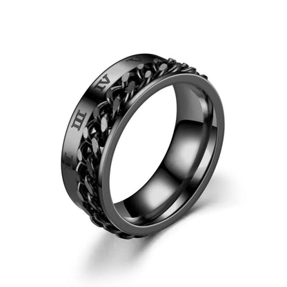 Roman Numeral Spinner Ring – Stainless Steel Chain Rotating Anxiety Fidget Ring for Men | Black Metal Stress Relief Jewelry