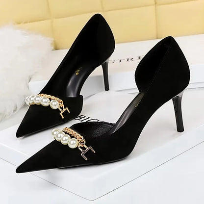 BIGTREE Escarpins à talons aiguilles et chaîne de perles de luxe pour femme – Idéal pour mariage, soirée et banquet