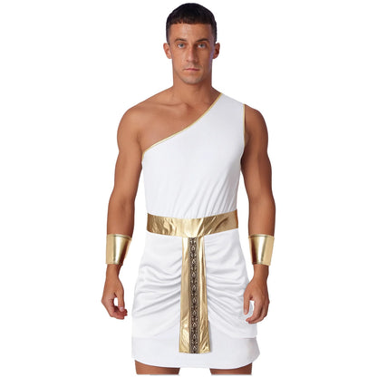 Men’s Ancient Greek & Egyptian Pharaoh Cosplay Costume – Metallic Shiny Toga Robe with Sleeves for Halloween & Roleplay