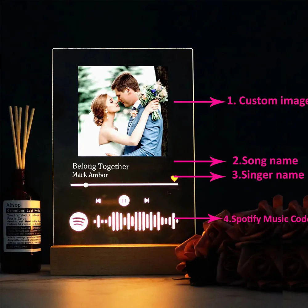 Personalized Acrylic Music Photo Plaque with LED Night Light – Custom Spotify-Style Song Gift for Couples, Anniversaries, Birthdays & Christmas