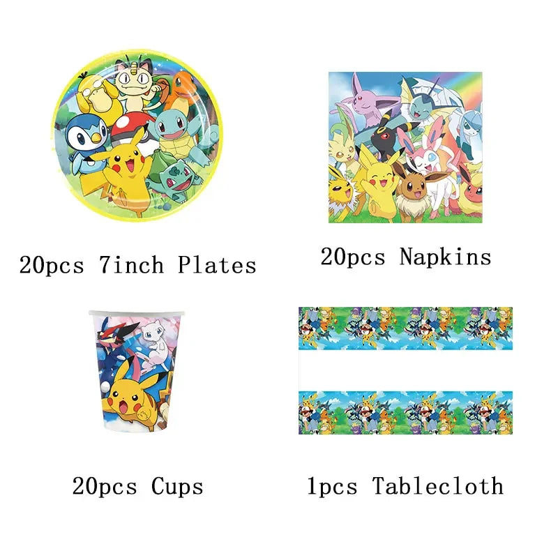 Pokémon Theme Birthday Party Decorations – Cartoon Pokémon Go Tableware Set (Cups, Plates & Pikachu Balloons) for Baby Shower & Party Favors