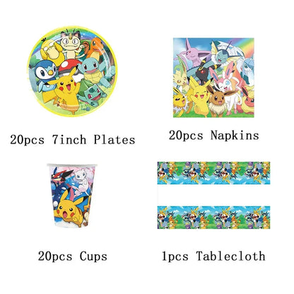Pokémon Theme Birthday Party Decorations – Cartoon Pokémon Go Tableware Set (Cups, Plates & Pikachu Balloons) for Baby Shower & Party Favors