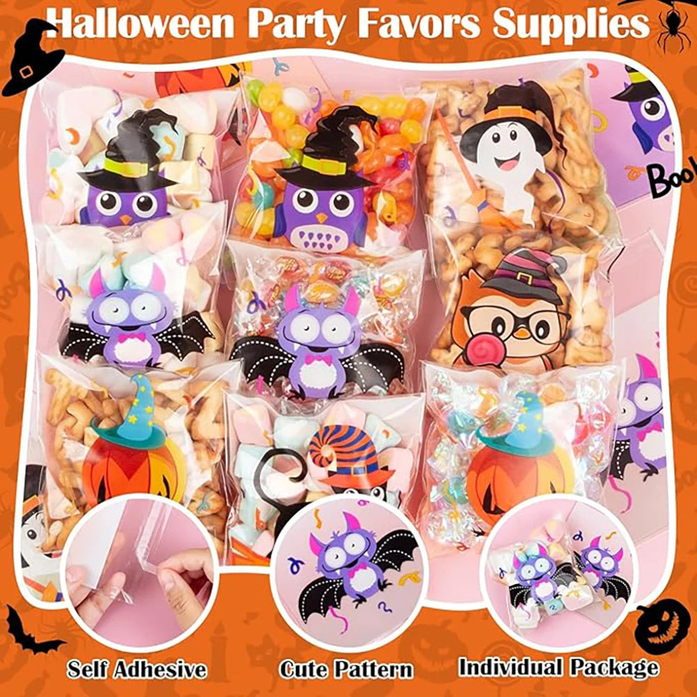 100PCS Halloween Self-Adhesive Treat Bags – Clear Candy & Cookie Packaging Bags for Kids’ Birthday Parties, Party Favors & Gifts