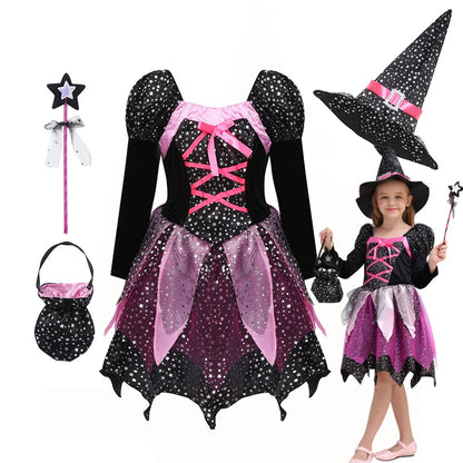 4PCS Girls’ Witch Costume Set – Halloween Dress with Hat, Wand & Bag, Kids Wizard Cosplay Outfit for Parties & Dress-Up