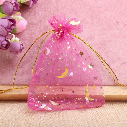 Bolsas de regalo de organza con estrellas y lunas de 25/50 piezas – Bolsitas de joyería con cordón dorado para recuerdos de boda, regalos de fiesta, empaques de dulces y almacenamiento de accesorios pequeños