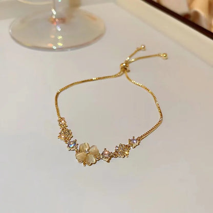 Women’s Fashion Four Leaf Grass Gold Color Adjustable Bracelet Korean Style Wedding Party Jewelry