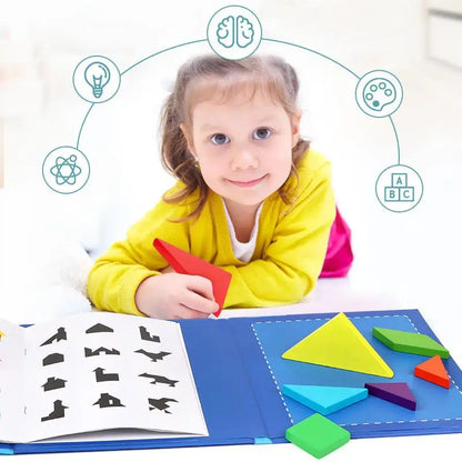 Libro magnético de tangram de madera – Juguete educativo Montessori, rompecabezas portátil para niños, infantes y desarrollo de inteligencia temprana