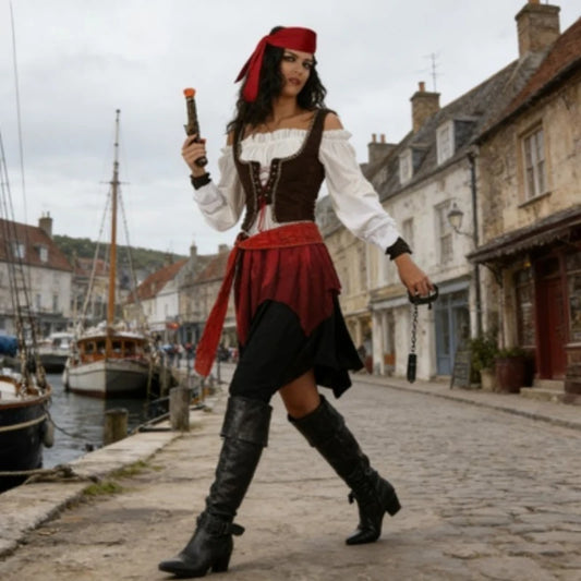 Disfraz clásico de pirata caribeño – Atuendo de juego de rol para adulto (Halloween, carnaval y actuaciones teatrales)