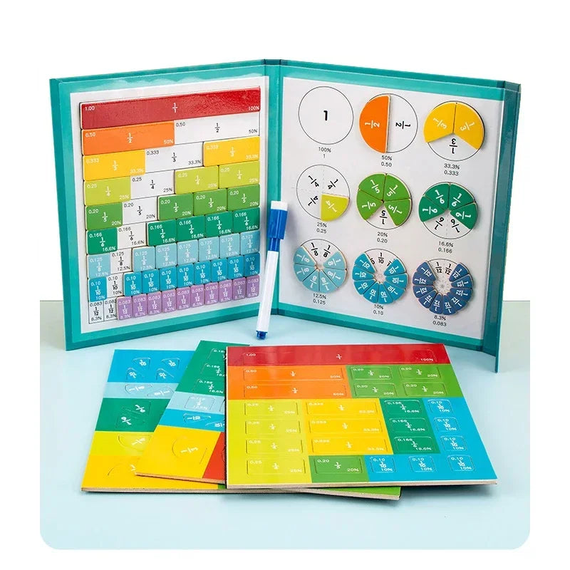 Livre d'apprentissage des fractions magnétiques Montessori – Jouet éducatif en bois pour enfants, compétences en arithmétique