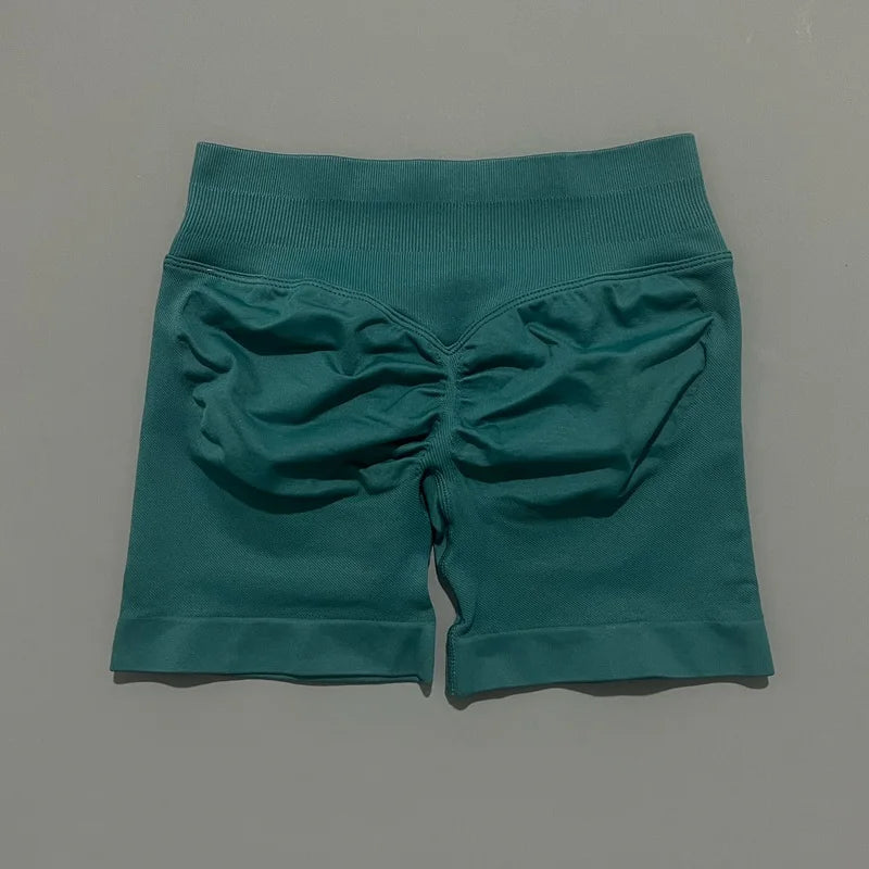 HISTELLO Pantalones cortos de yoga sin costuras de 4.5" para mujer – Pantalones cortos deportivos de talle bajo con efecto fruncido para gimnasio, fitness, correr y ropa deportiva