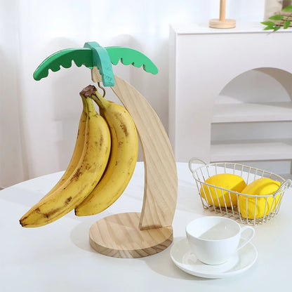 Wooden Banana Rack Hanging Kitchen Rack Simulated Leaf Decorative Fruit Vertical Storage Rack with Hook Kitchen Decoration