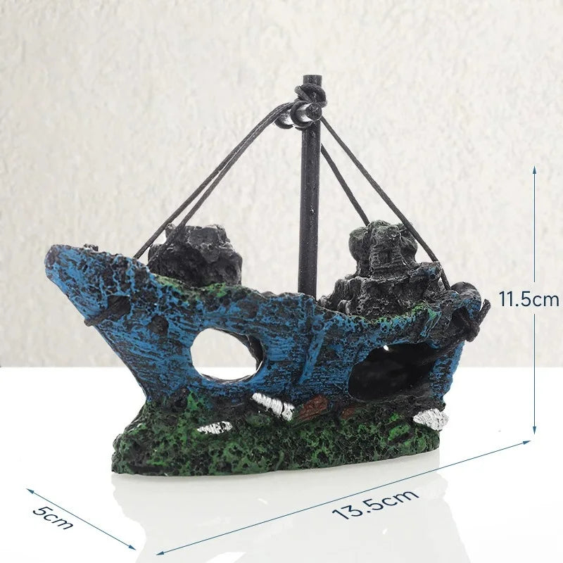 Retro Resin Ship Aquarium Ornament – Hollow Boat Fish Hiding Cave, Non-Toxic Fish Tank Decoration for Aquascaping & Underwater Landscaping