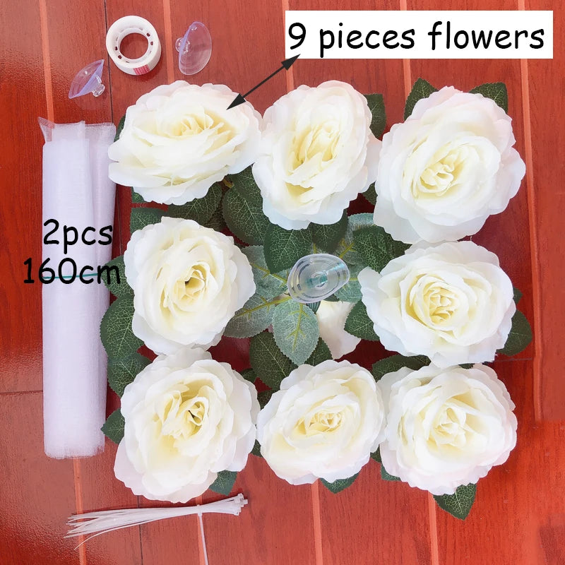 Décoration de voiture de mariage artificielle rose blanche – Ruban de fleurs en soie pour véhicules de mariée et poignées de porte