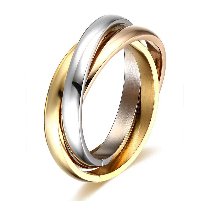 Stainless Steel Interlocked Triple Ring – Three-in-One Multi-Color Wedding Band for Women | Stackable Fashion Ring