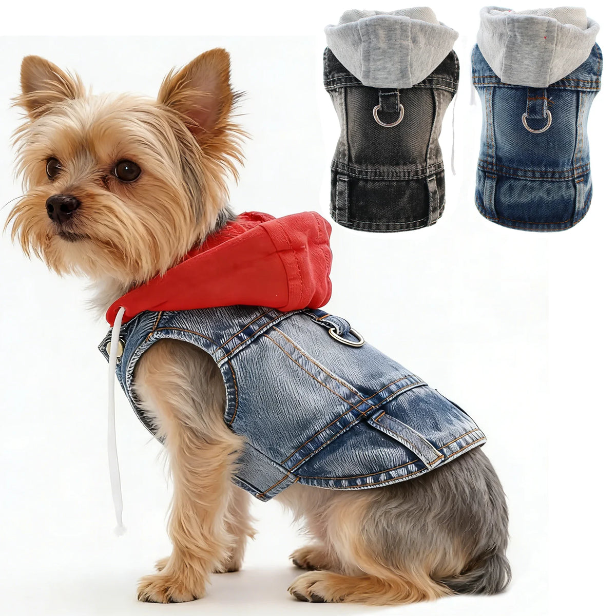 Cool Dog Denim Jacket Vest – Hooded Jean Coat with D-Ring for Small & Medium Dogs, Puppy Harness Vest for Spring Walks