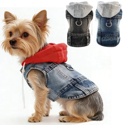 Cool Dog Denim Jacket Vest – Hooded Jean Coat with D-Ring for Small & Medium Dogs, Puppy Harness Vest for Spring Walks