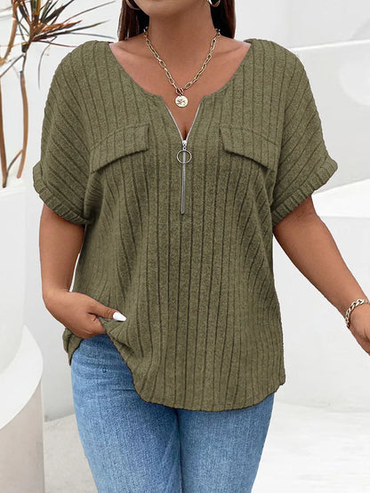 GIBSIE Plus Size Women's Ribbed T-Shirt – O-Neck Short Sleeve O-Ring Zip Front Casual Summer Top