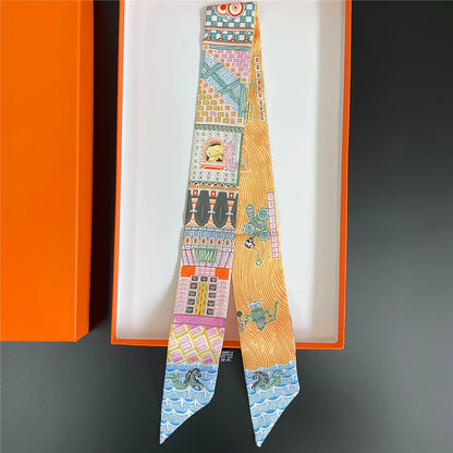 Pañuelo estrecho de sarga de seda 100 % de lujo para mujer, diseño de marca, pañuelo para bolso, pañuelo para el cuello, diadema para el pelo
