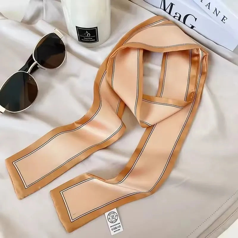 Khaki Nude Silk Scarf Hair Band – Vintage Satin Ribbon Bow Hair Accessory for Women | Elegant Fashion Hair Tie