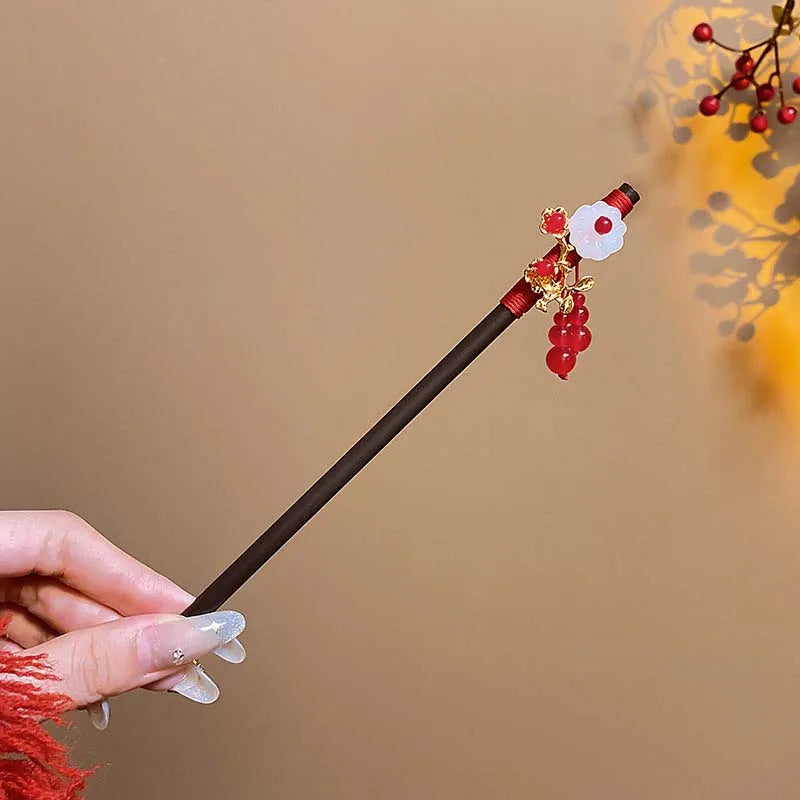 Vintage Chinese Wooden Hair Stick with Red Flower – Hanfu Hairpin Hair Fork for Women