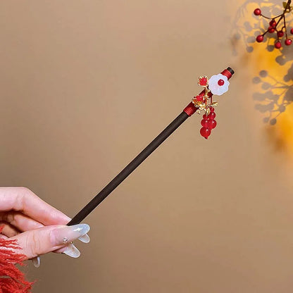 Vintage Chinese Wooden Hair Stick with Red Flower – Hanfu Hairpin Hair Fork for Women