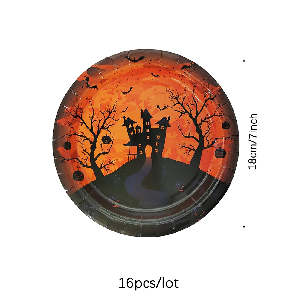 Halloween Disposable Tableware Set 2026, Pumpkin-Themed Paper Plates, Cups, Napkins and Tablecloth, Halloween Party Supplies, Spooky Dining Table Decorations for Home and Parties