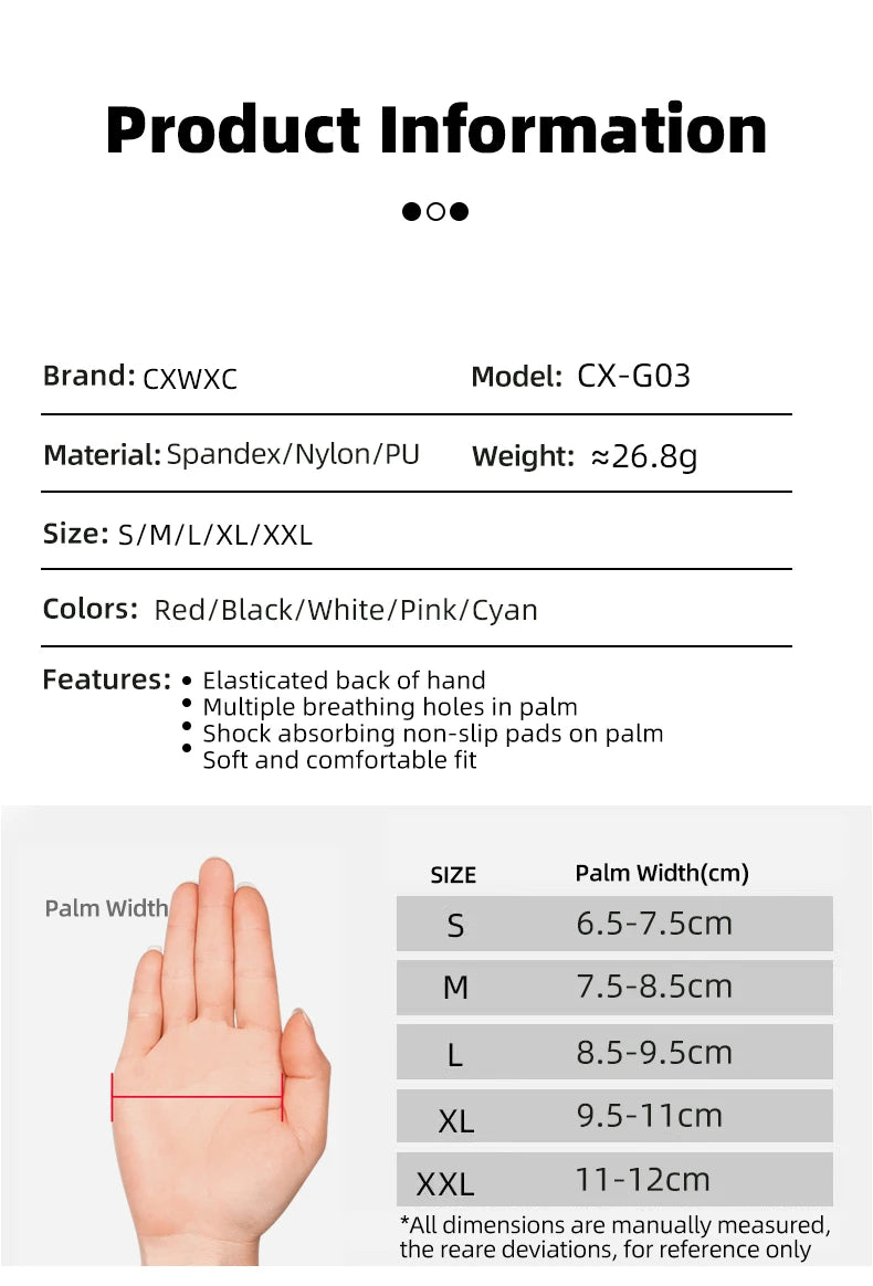 Guantes de Ciclismo sin Dedos CXWXC – Transpirables y Antideslizantes para Hombre y Mujer con Soporte Extendido de Muñeca para Fitness, Entrenamiento y Deportes al Aire Libre