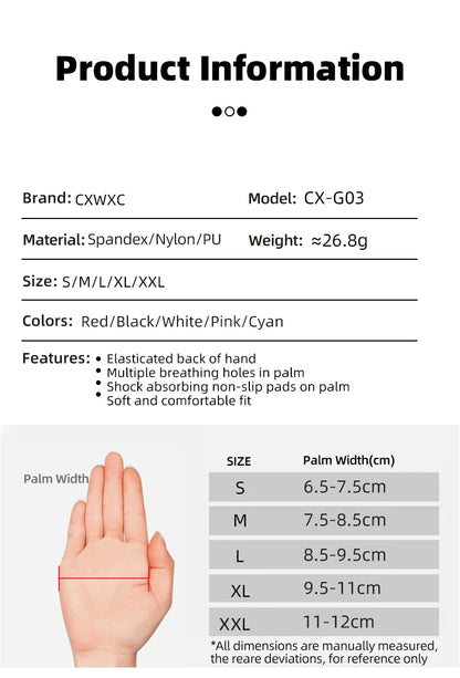 Guantes de Ciclismo sin Dedos CXWXC – Transpirables y Antideslizantes para Hombre y Mujer con Soporte Extendido de Muñeca para Fitness, Entrenamiento y Deportes al Aire Libre
