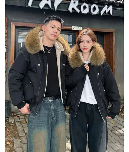 ZAROY Unisex Y2K Gothic Parka Jacket Faux Fur Collar Hooded Thick Padded Winter Coat Harajuku Streetwear Zipper Outerwear for Women and Men