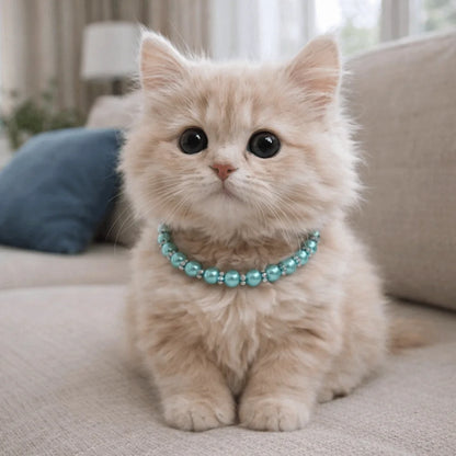 Adjustable Pearl Pet Collar – Bling Simulated Pearl Beaded Necklace with Elegant Bow Knot Ribbon for Cats & Small Dogs