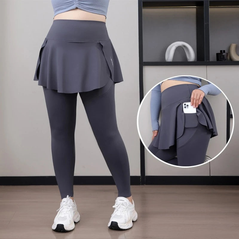 Plus Size Women's 2-in-1 Skirted Leggings – High-Waist Yoga & Training Pants with Pockets, Sharkskin Fabric & Faux Two-Piece Design