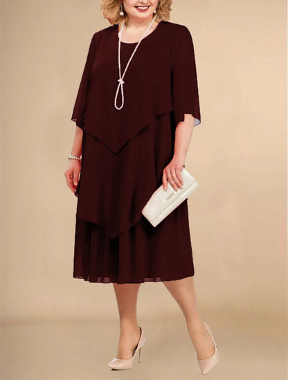 Plus Size Women's Chiffon Midi Dress – Elegant Irregular Layered Hem Flowy O-Neck Dress for Summer Parties & Weddings