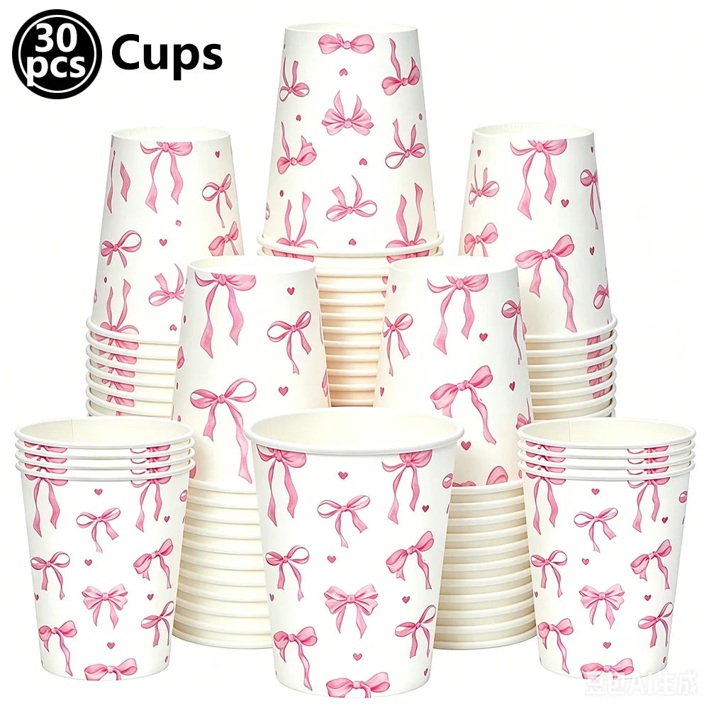 Kit de Fête d'Anniversaire Rose – Thème Princesse Bannière, Ballons Nœud, Pailles, Assiettes en Papier Jetables, Serviettes et Gobelets Vaisselle Décorations pour Fêtes d'Anniversaire de Filles