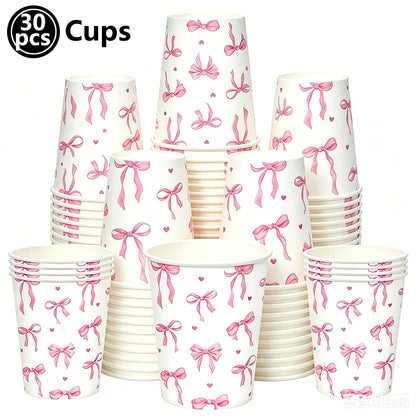 Kit de Fête d'Anniversaire Rose – Thème Princesse Bannière, Ballons Nœud, Pailles, Assiettes en Papier Jetables, Serviettes et Gobelets Vaisselle Décorations pour Fêtes d'Anniversaire de Filles