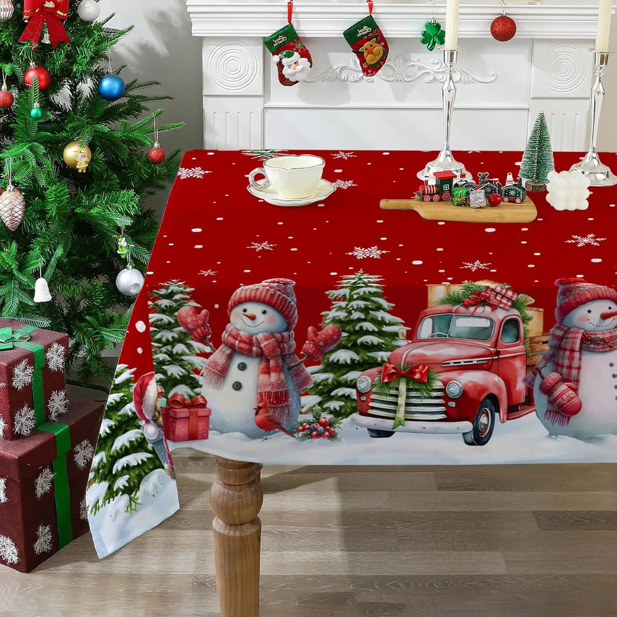Christmas Snowman Truck Tablecloth – Xmas Tree & Winter Snowflake Dining Table Cover for Kitchen, Home & Holiday Decor