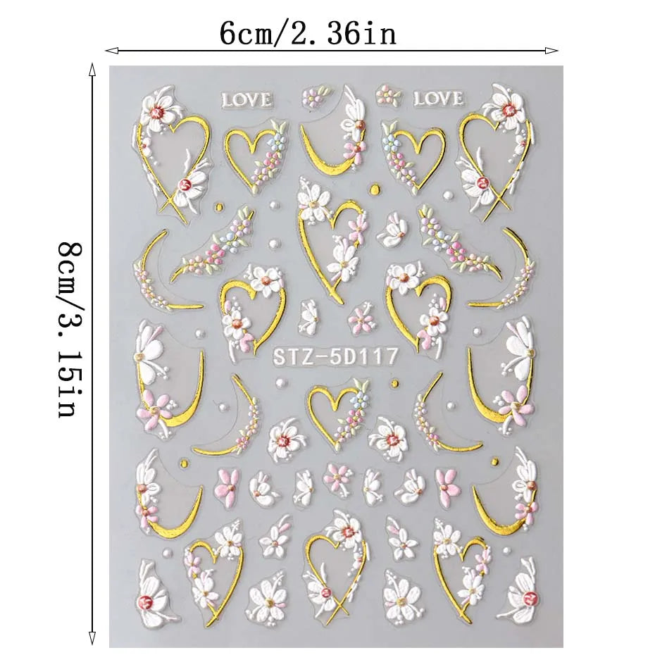 2pcs 5D Embossed Flower Nail Stickers – Golden Heart & Pink Petal Nail Art Decals for Valentine’s Manicure Decoration