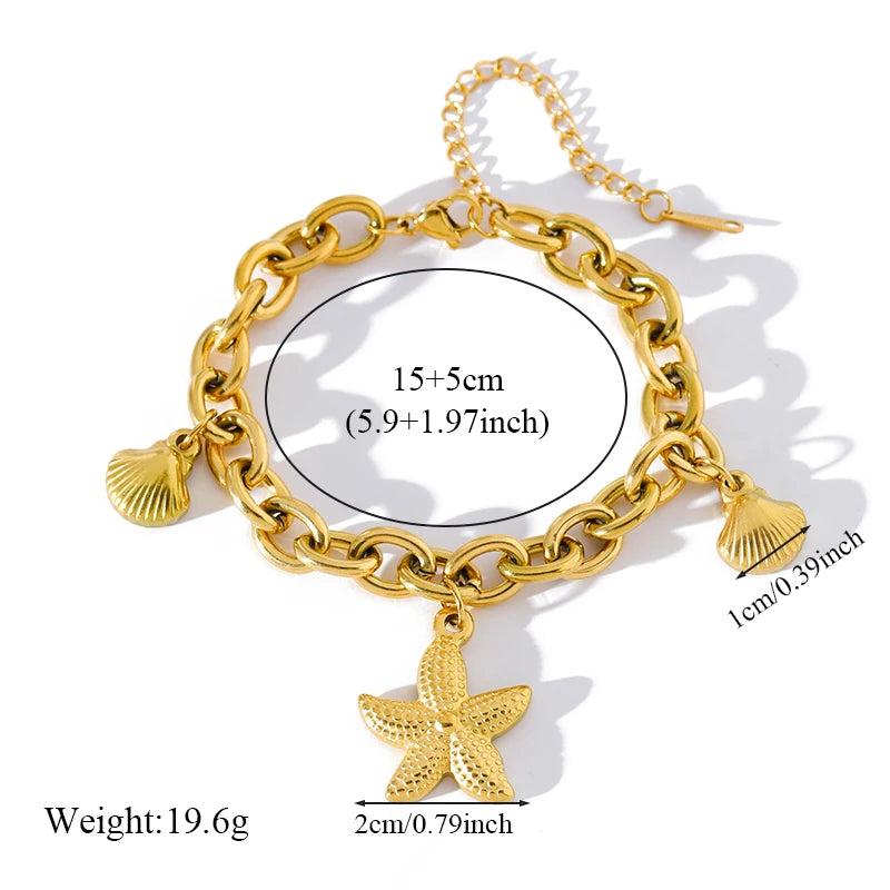 Pulsera de acero inoxidable 316L con dijes de estrellas de mar, luna y estrellas doradas – Cadena de muñeca moderna para mujer, regalo de joyería para fiestas