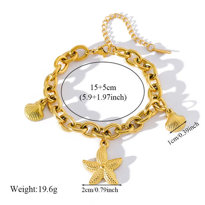 Pulsera de acero inoxidable 316L con dijes de estrellas de mar, luna y estrellas doradas – Cadena de muñeca moderna para mujer, regalo de joyería para fiestas