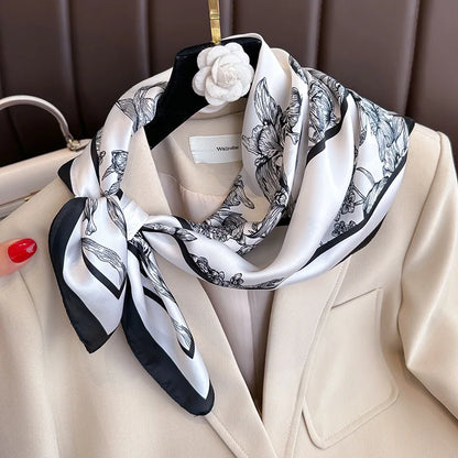 70x70CM Foulard en soie imprimé pour femme – Châle Pashmina carré tendance, tour de cou de luxe, bandeau et bandana décoratif