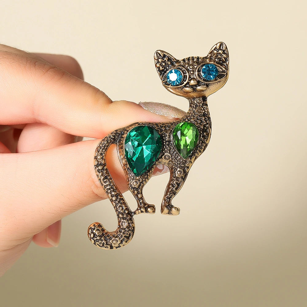 Retro Green Kitten Crystal Brooch Set – Personalized Vintage Cat Flower Chest Pin, Fashion Jewelry Accessory & Gift for Women