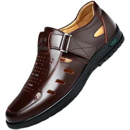 Sandalias de cuero genuino para hombre antideslizantes transpirables sin cordones casuales de verano para caminar