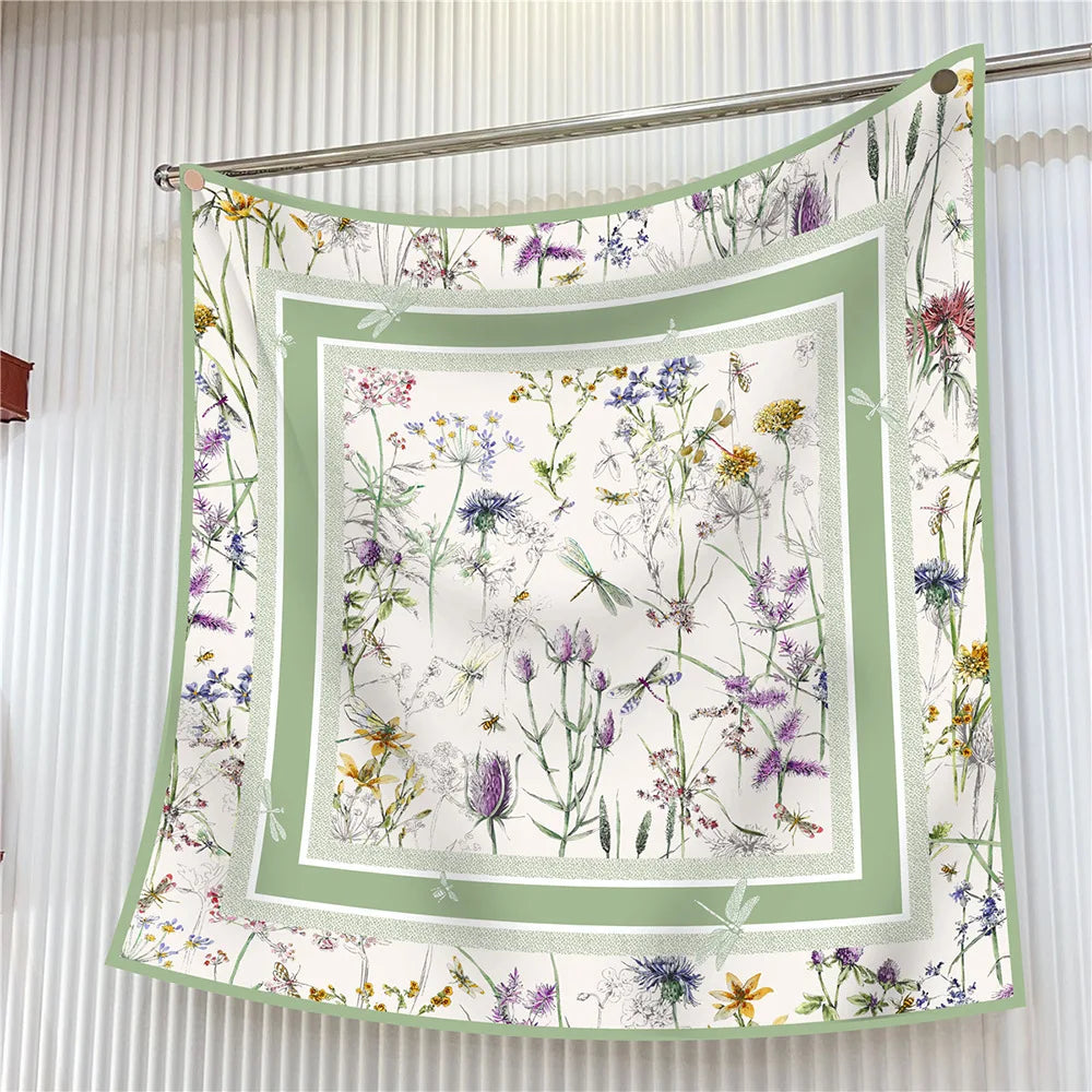 Foulard carré en soie 90 cm pour femme, motif floral, sergé de luxe, bandana, châle, hijab, cache-col, écharpe de tête