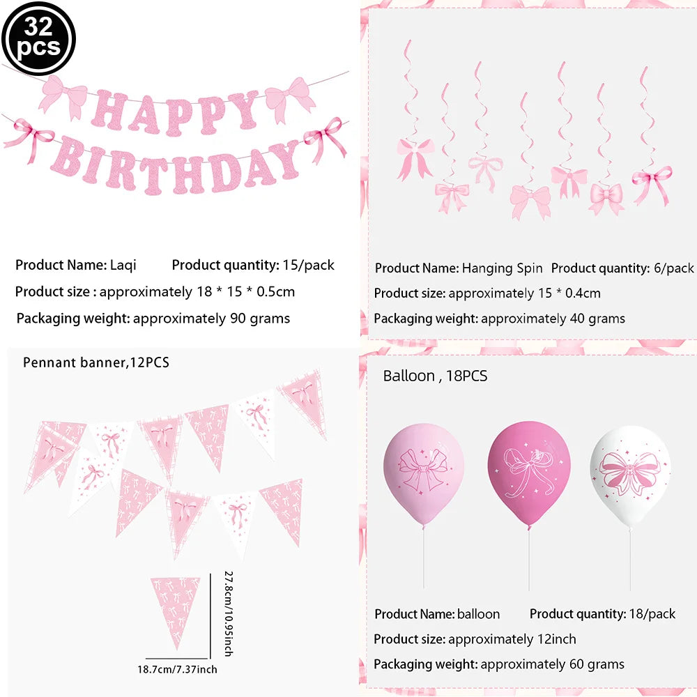 Kit de Fête d'Anniversaire Rose – Thème Princesse Bannière, Ballons Nœud, Pailles, Assiettes en Papier Jetables, Serviettes et Gobelets Vaisselle Décorations pour Fêtes d'Anniversaire de Filles