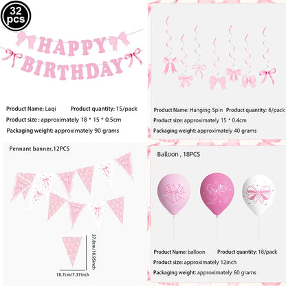 Kit de Fête d'Anniversaire Rose – Thème Princesse Bannière, Ballons Nœud, Pailles, Assiettes en Papier Jetables, Serviettes et Gobelets Vaisselle Décorations pour Fêtes d'Anniversaire de Filles