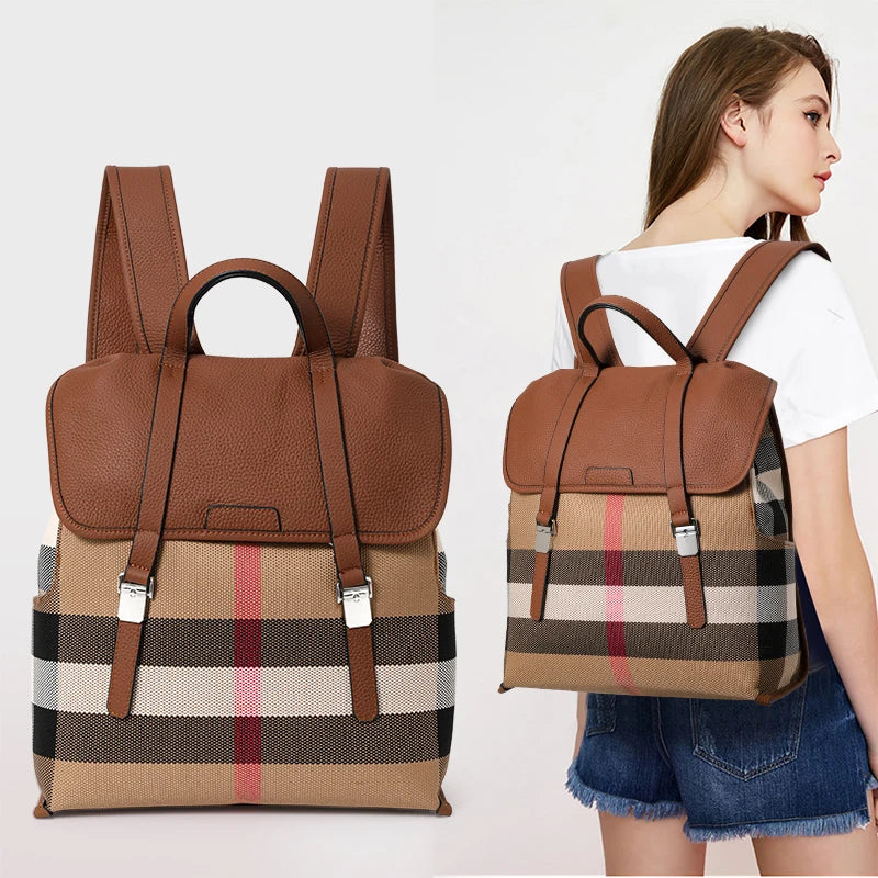2026 Genuine Leather Backpack for Women & Men – Large-Capacity Lightweight Cowhide Plaid Travel Backpack, Stylish Everyday Daypack
