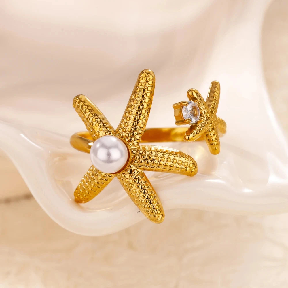 Gold Stainless Steel Starfish & Shell Ring – Adjustable Waterproof Beach-Inspired Ring for Women