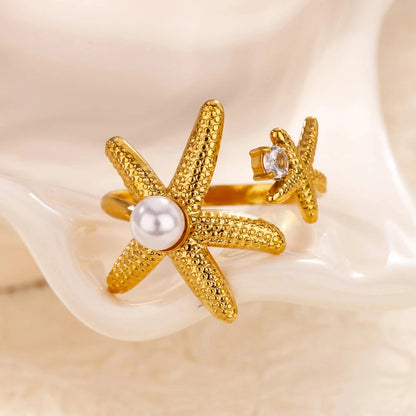 Gold Stainless Steel Starfish & Shell Ring – Adjustable Waterproof Beach-Inspired Ring for Women