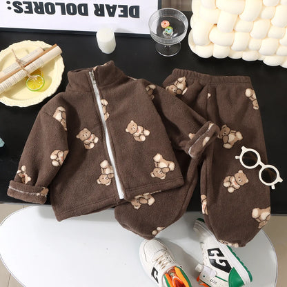 Kids Flannel Pajama Set 2-Piece, Thick Warm Winter Sleepwear for Boys and Girls, Floral and Leopard Print Zipper Top with Matching Pants