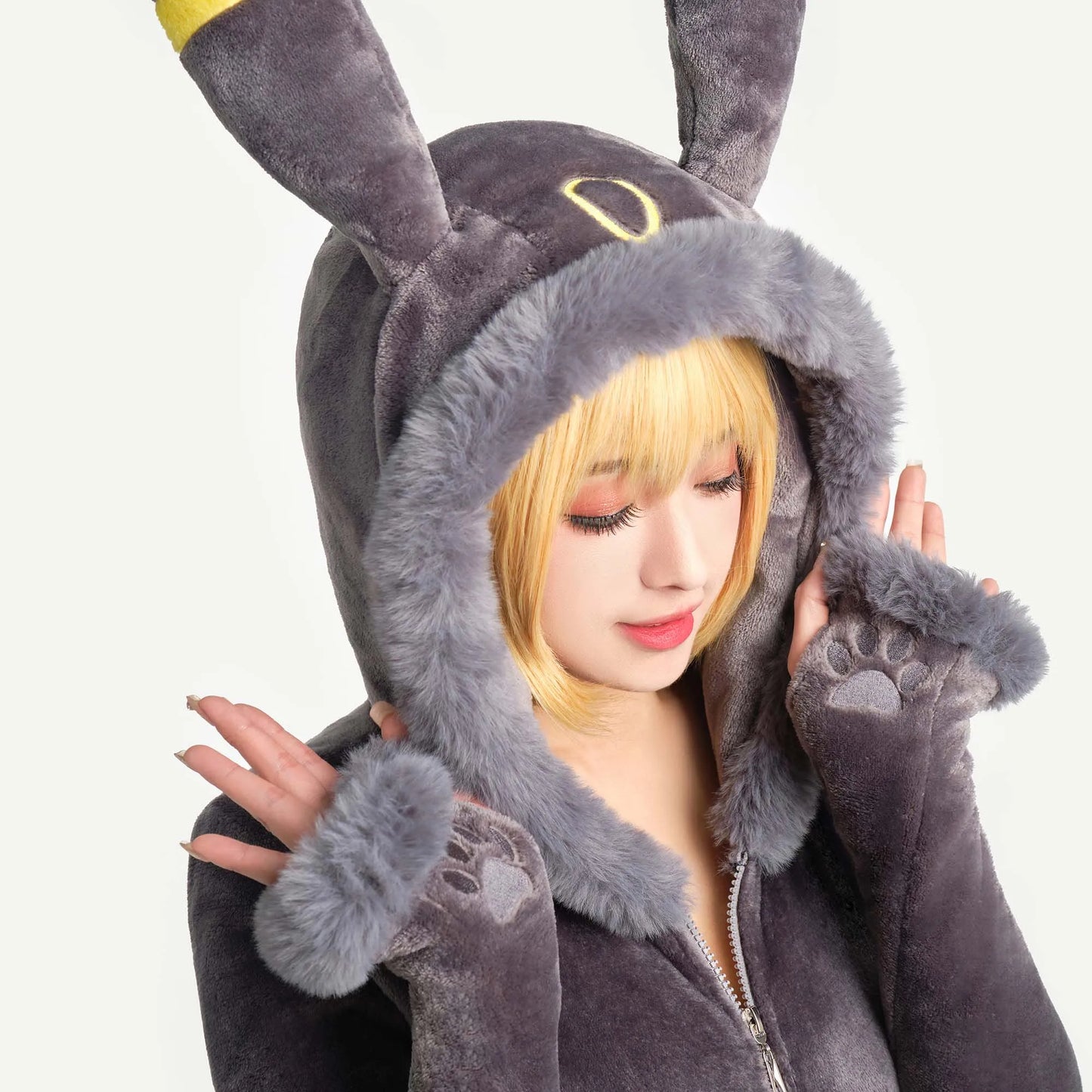 Meowcos Genga Cosplay Costume – Purple Ghost Romper Bodysuit | Hooded Plush Outfit with Belt, Tail & Socks (Halloween / Women)
