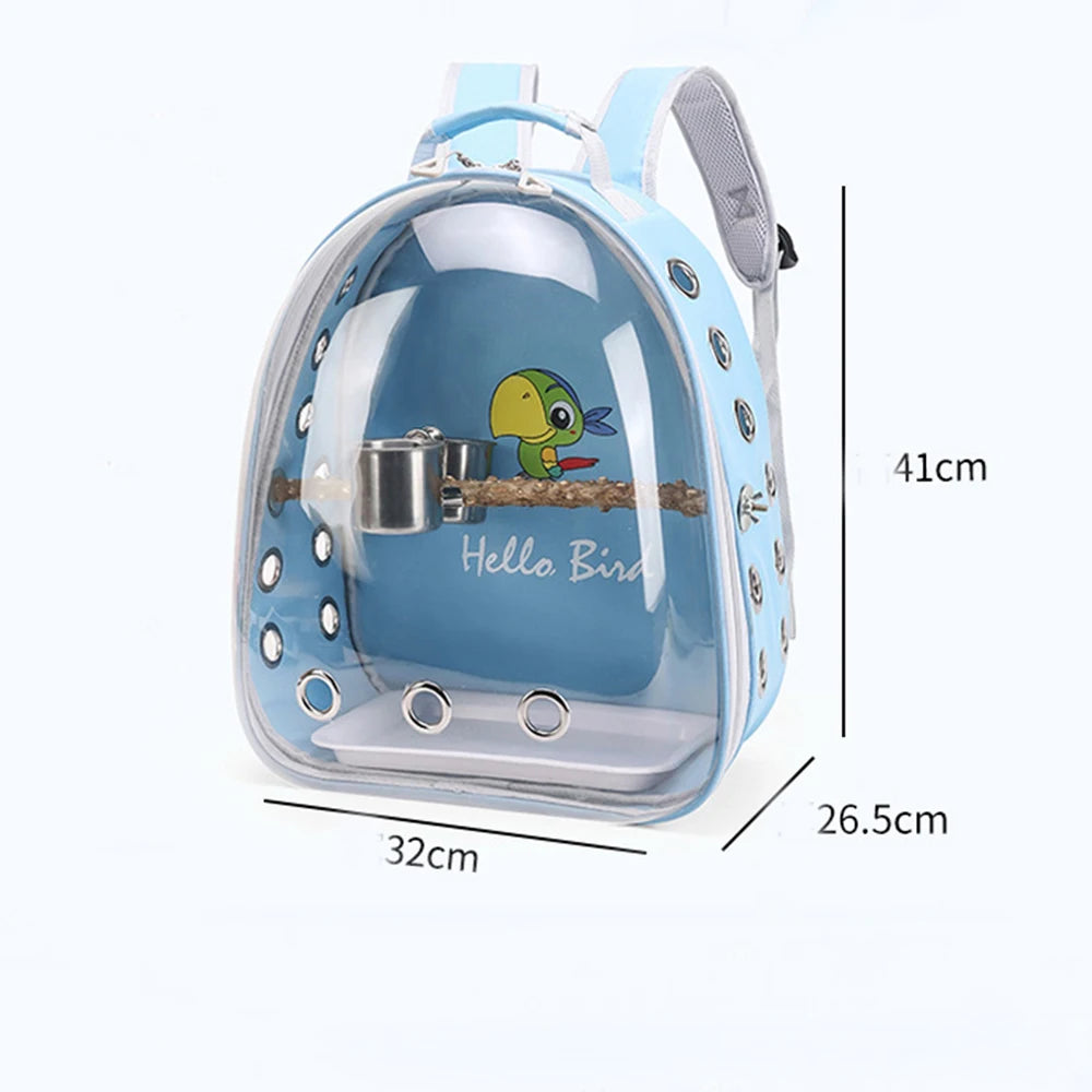Transparent Bird Carrier Backpack – Portable Birdcage with Perch Platform & Food Cup for Parrots, Cockatiels, Budgies & Lovebirds